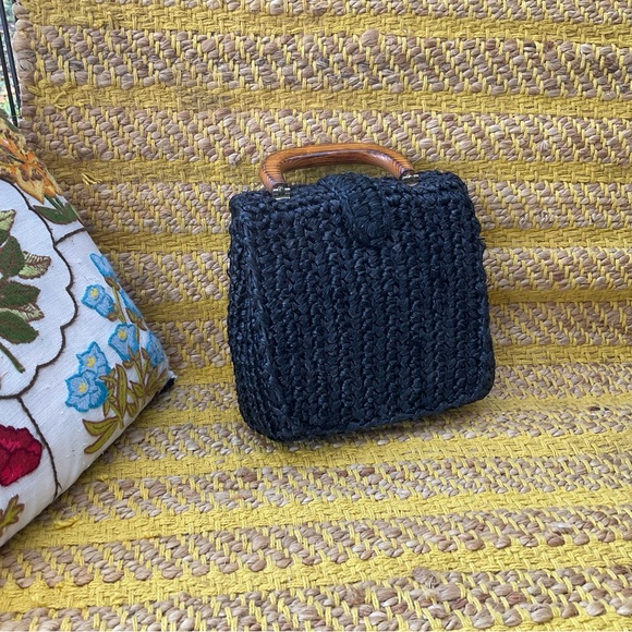 Vintage 50s Raffia HandBag Wooden Handle - Picture 4 of 7